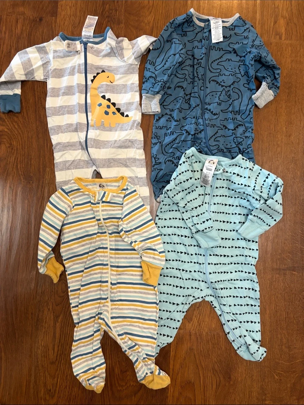 Gerber Baby Dino & Stripe Footed One-Pieces in Blue, Light Blue, Yellow, Gray
